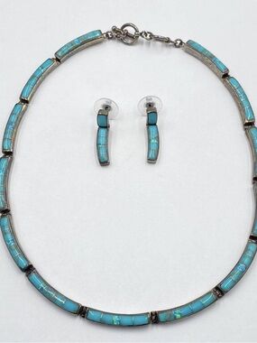 Turquoise and opal Inlay Necklace and Earrings Set - Women Jewelry